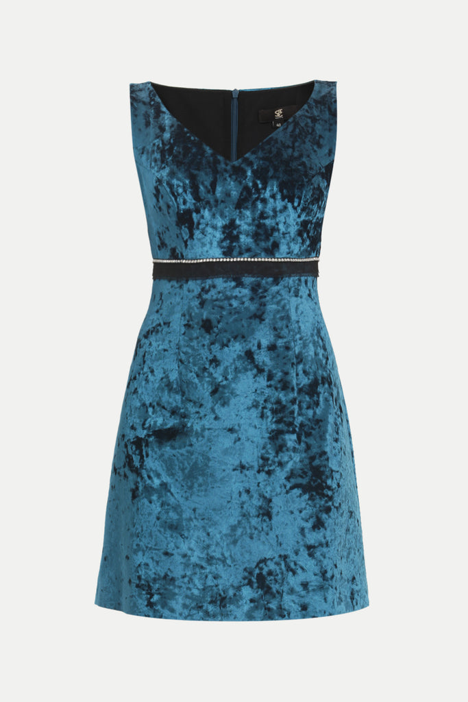Oil Gem-embellished waist, V neck velvet mini dress 91522
