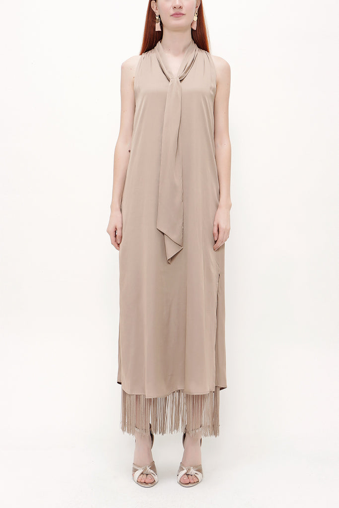 Camel Hair Sleeveless slit maxi dress with tassels 92698