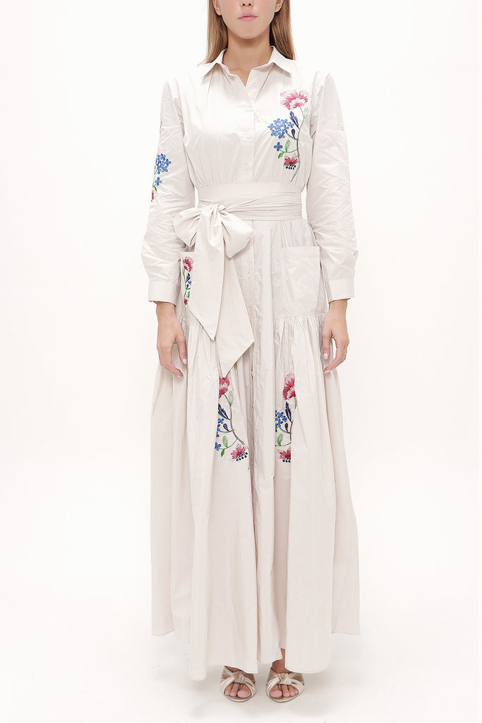 Beige Embroidered, lace-up Pleated maxi dress 92917