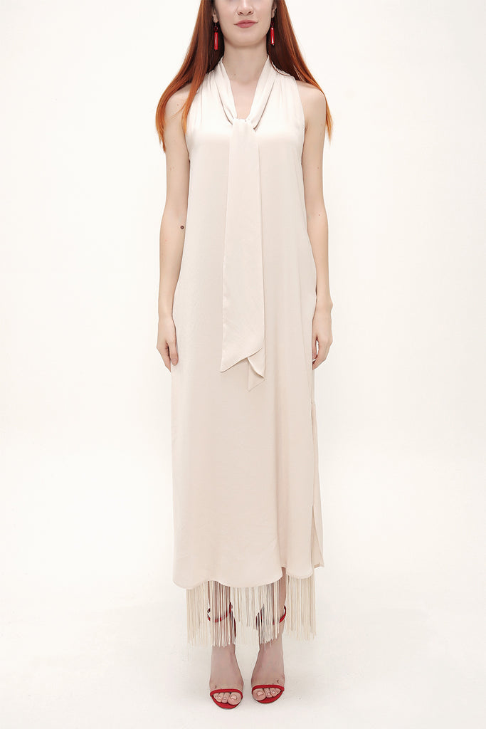 Stone Sleeveless slit maxi dress with tassels 92698