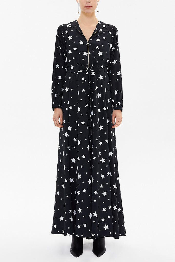 Star Pattern Zipped hooded maxi  dress 93209