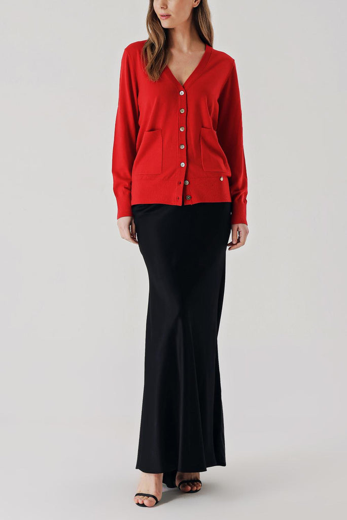 Red V-neck woolen long knit cardigan 28867