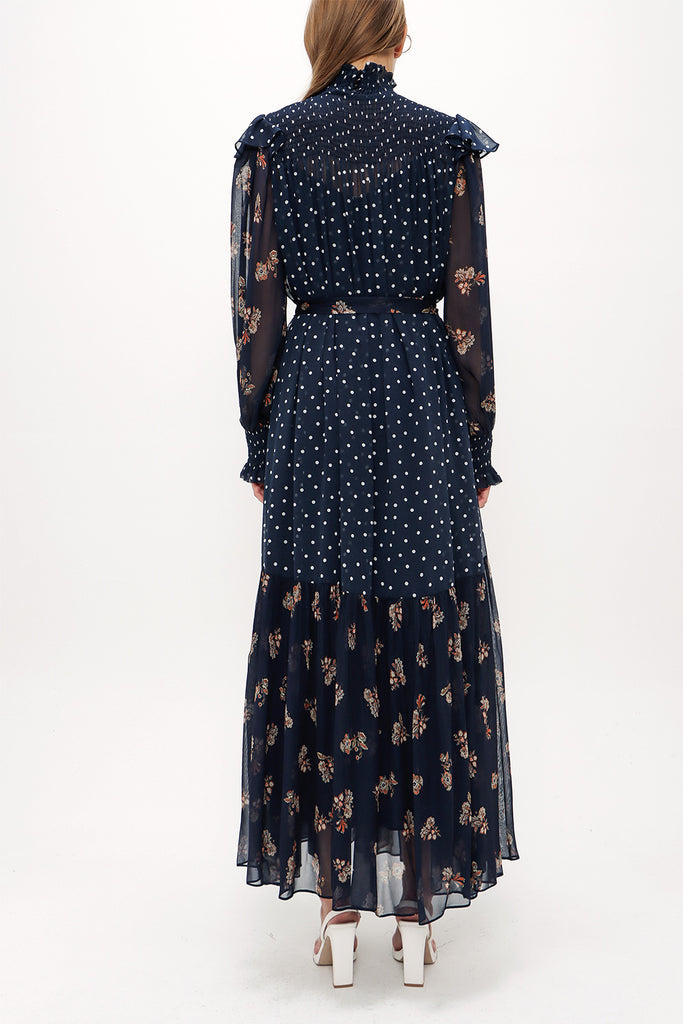 Navy Blue Elastic yarn wide cut Pleated dress 93738