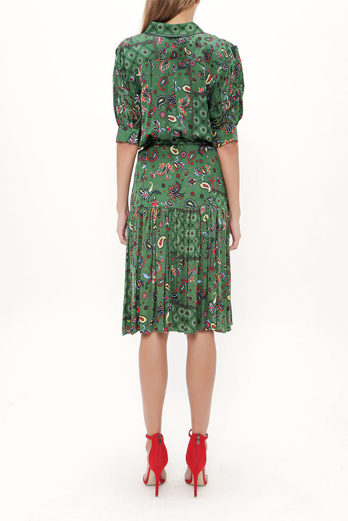 Green Balloon sleeve, gathered midi dress 92724