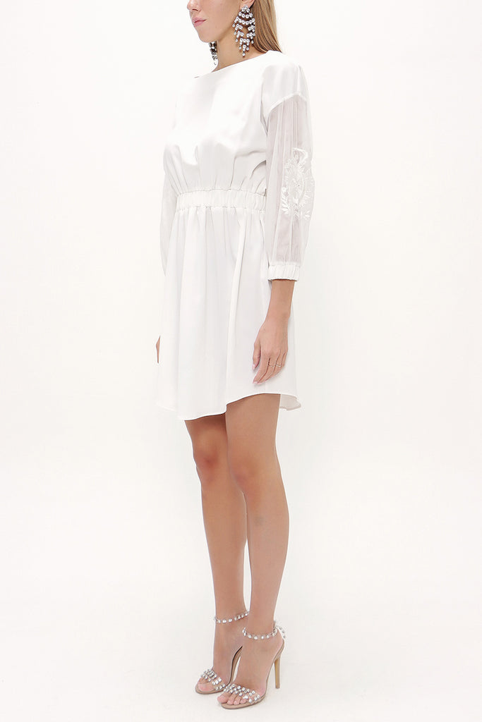 White Embroidered elastic  waist viscose mini  dress  92096