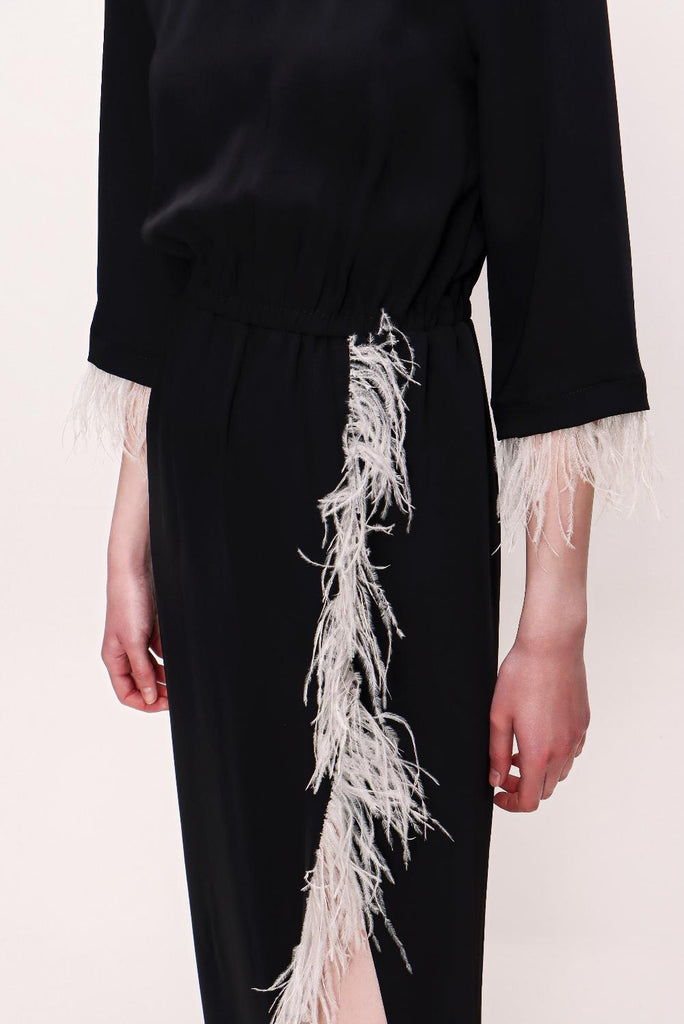 Black Slit and feather detailed long dress 92575