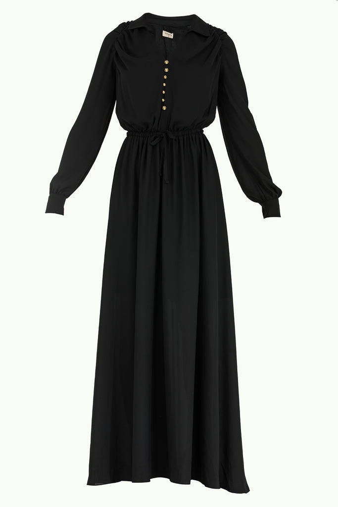 Omuzları Büzgülü Düğmeli Uzun Elbise Siyah 92251