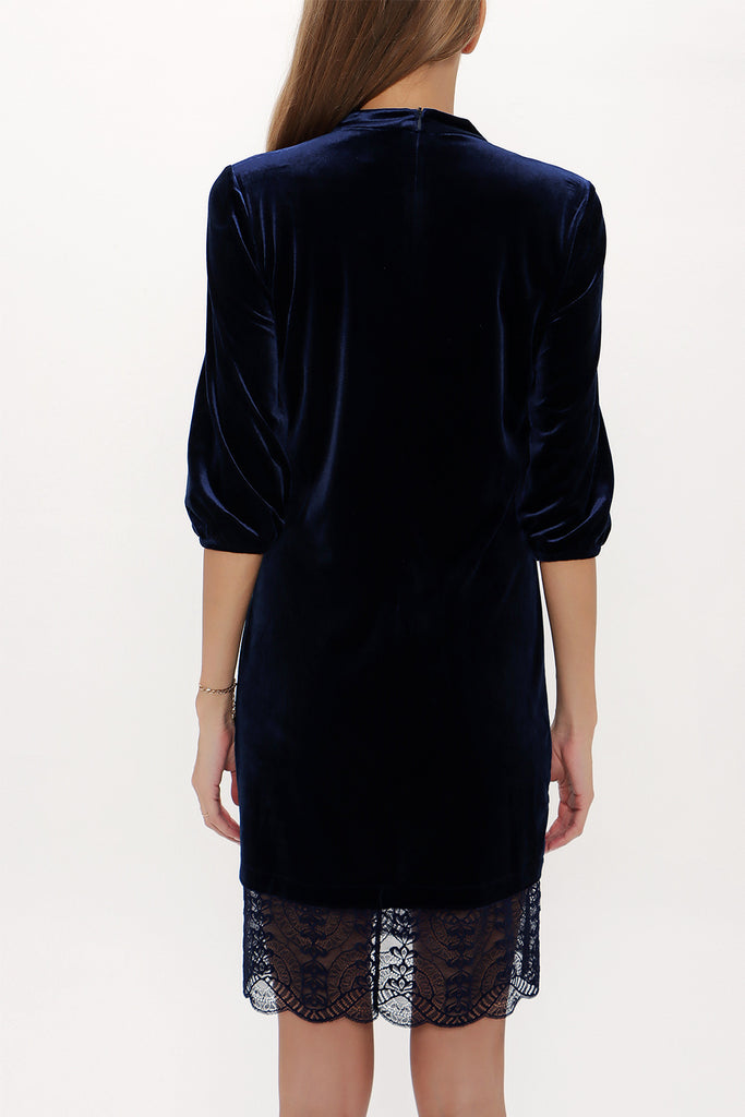 Navy Blue Embroidered velvet mini dress 92140