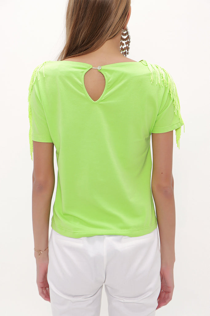 Green Shoulder tassel knit blouse 19324