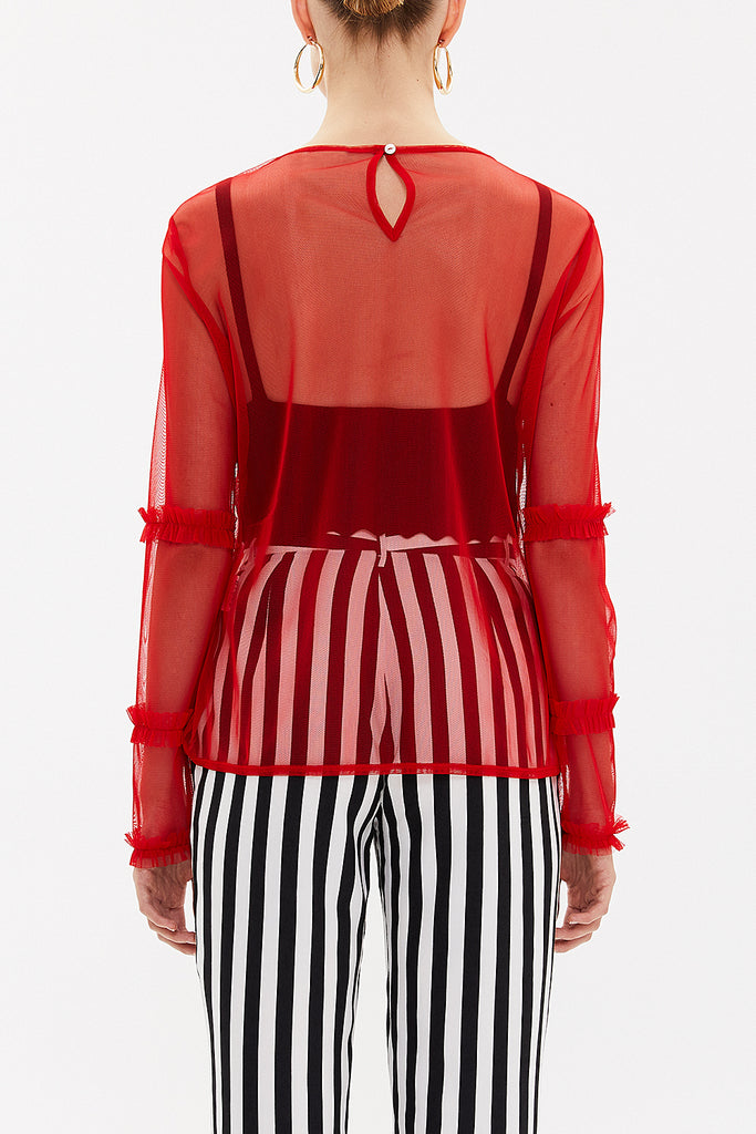 Red Pleated sleeve tulle blouse  19657