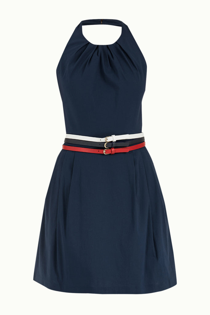 Navy Blue Belted poplin mini dress 90929