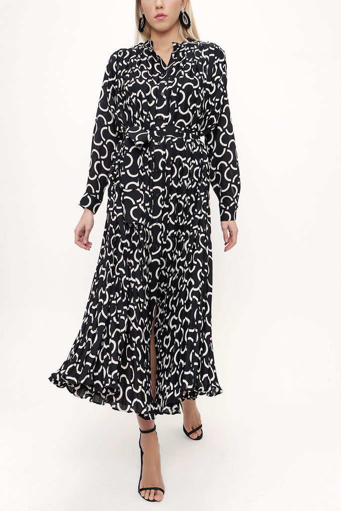 Black Ecru Pleated long dress 93448