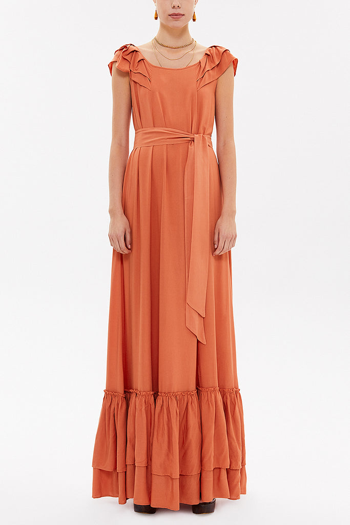 Orange Ruffled shoulder maxi dress 92390