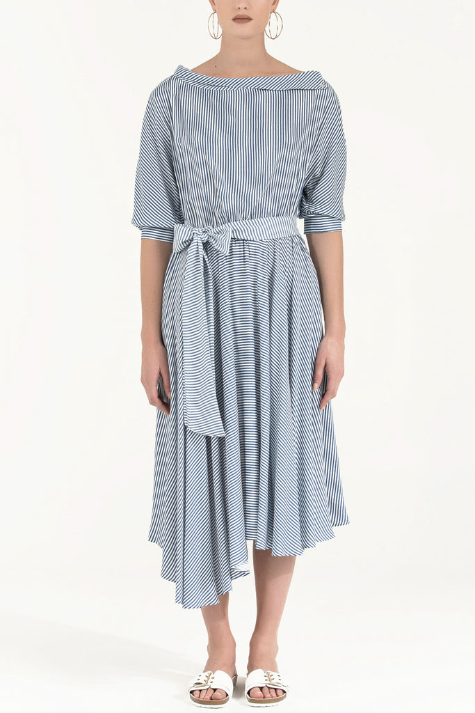 Asimetrik Kesim Düşük Omuz Desenli Elbise Lacivert 92271