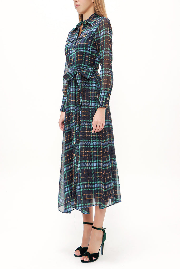 Plaid Button and Belted  Maxi dress   92758