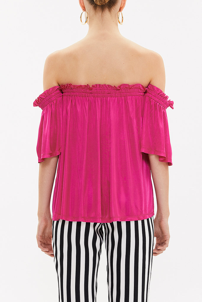 Fuchsia Elastic  off shoulder  woven  blouse  19702