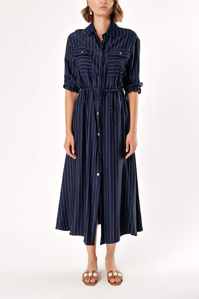 Navy Blue White Striped Lace up shirt  dress  93709