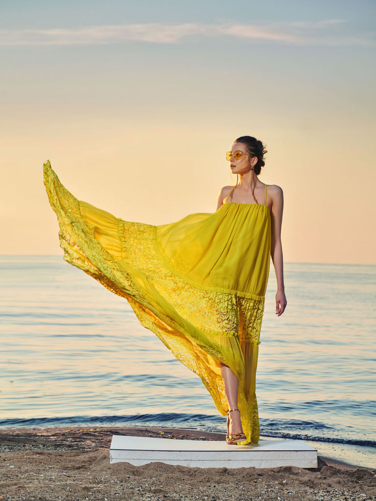 Yellow Ruffled wide cut lace dress 93555