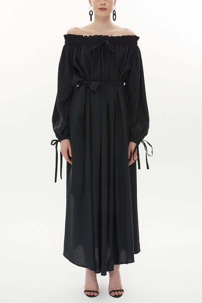 Black Elastic shoulder and cuff wide cut dress  93379