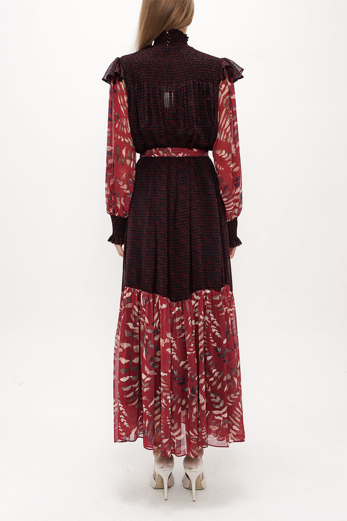 Red Elastic yarn wide cut Pleated dress 93738