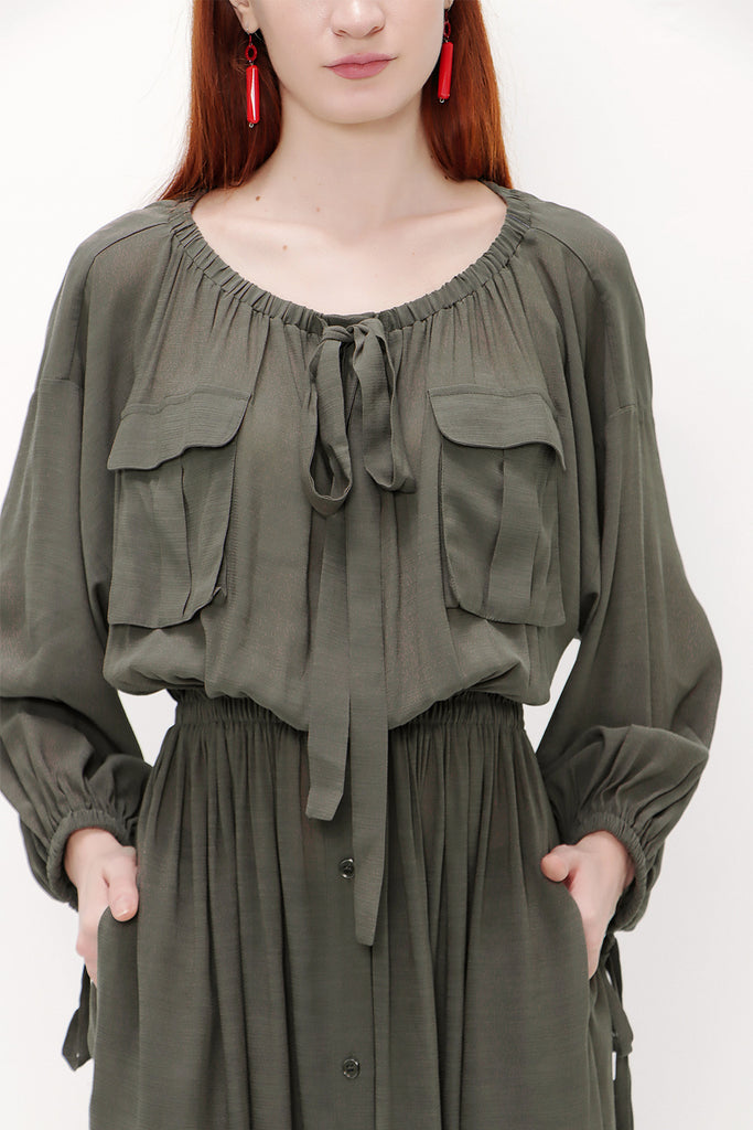 Khaki Pocket  off shoulder  maxi dress  92308