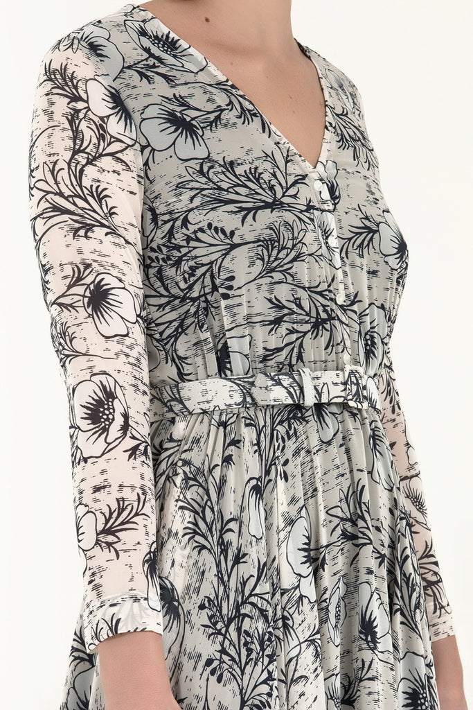 V Yaka Kemerli Şifon Elbise Desenli