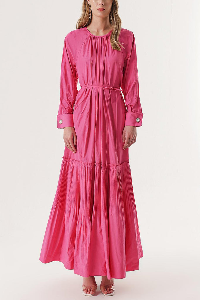Fuşya Pilise Detaylı Kol Düğmeli Bol Kesim Elbise 94197