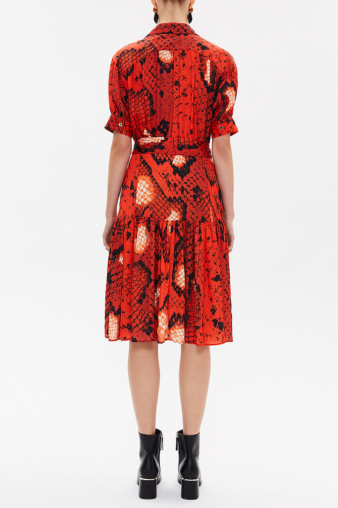 Red Balloon sleeve, gathered midi dress 92724