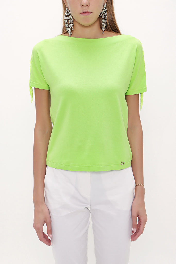 Green Shoulder tassel knit blouse 19324