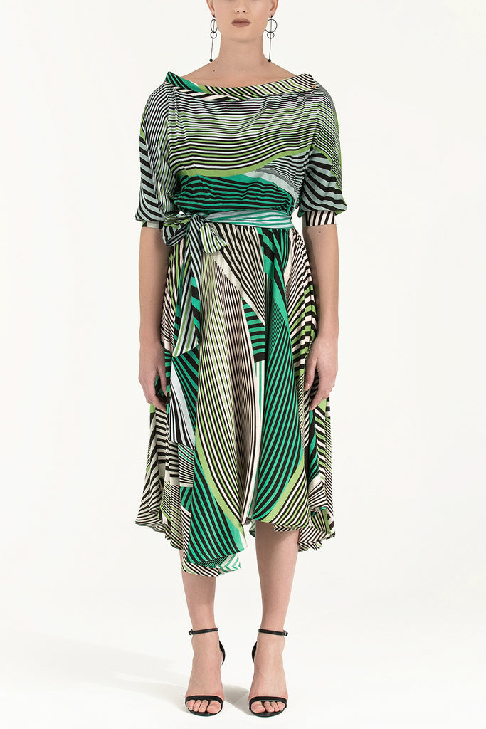 Asimetrik Kesim Düşük Omuz Desenli Elbise Yeşil 92271