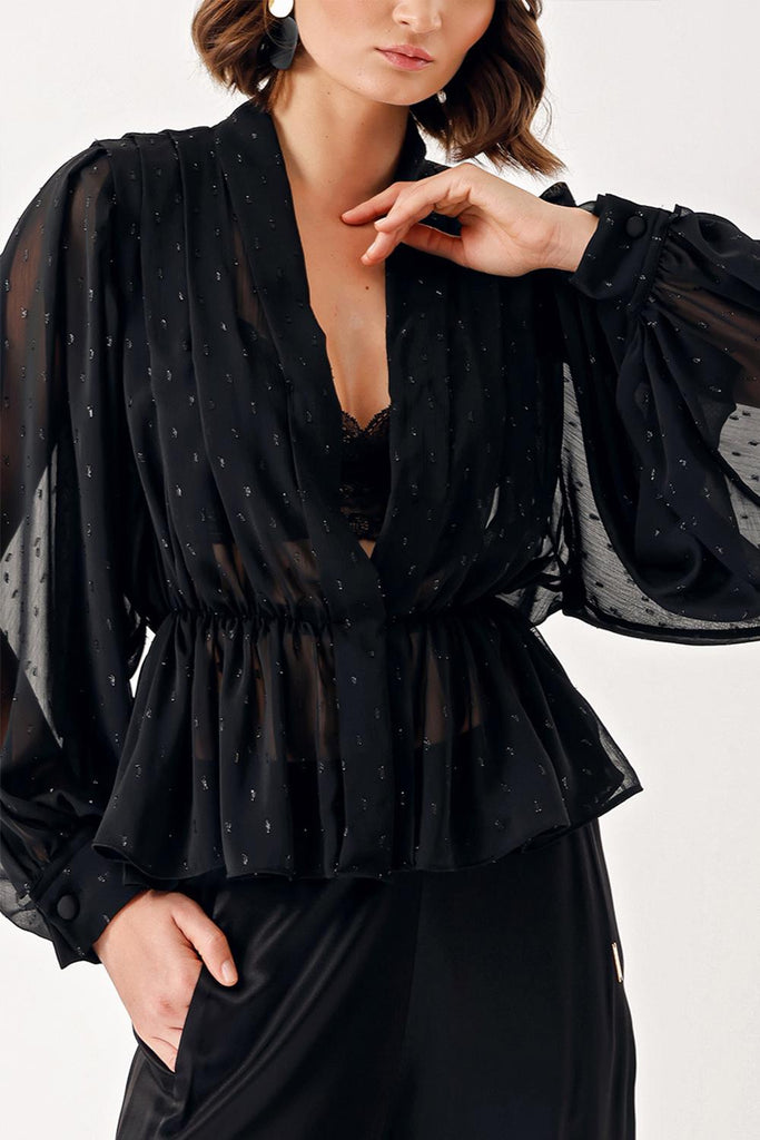 Spotted Double-breasted, draped loose chiffon shirt 10829