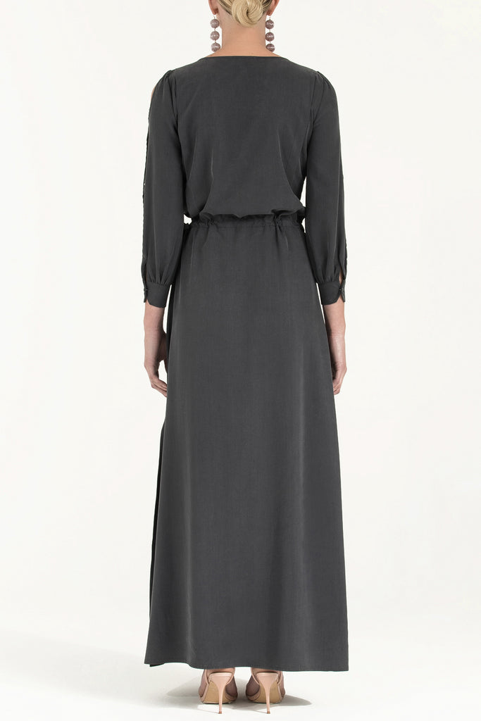 Kolları Pencereli Uzun Elbise Füme