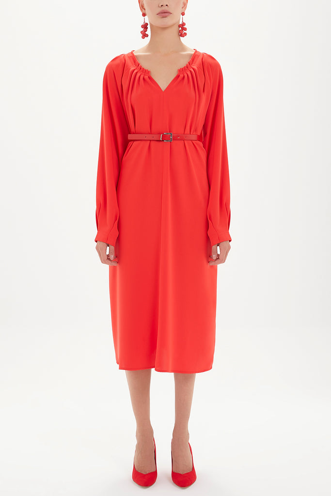 Büzgülü Ve Kemerli Bol Kesim Midi Elbise 92488