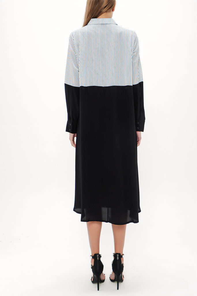 Black Striped fabric wide cut midi dress 92834