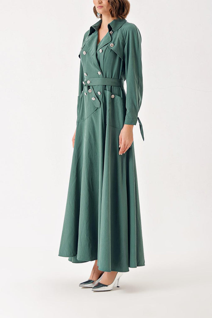 Green Long trench dress with crystal button detail 94400
