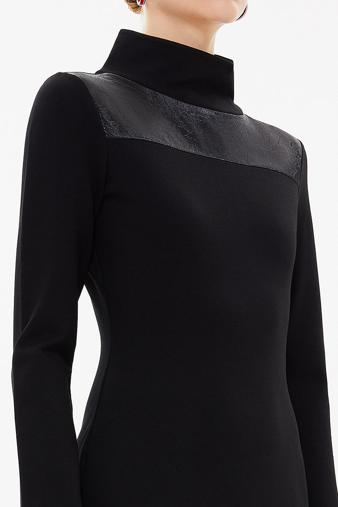 Black Leather fabric combined, zipped slim fit mini dress 92177