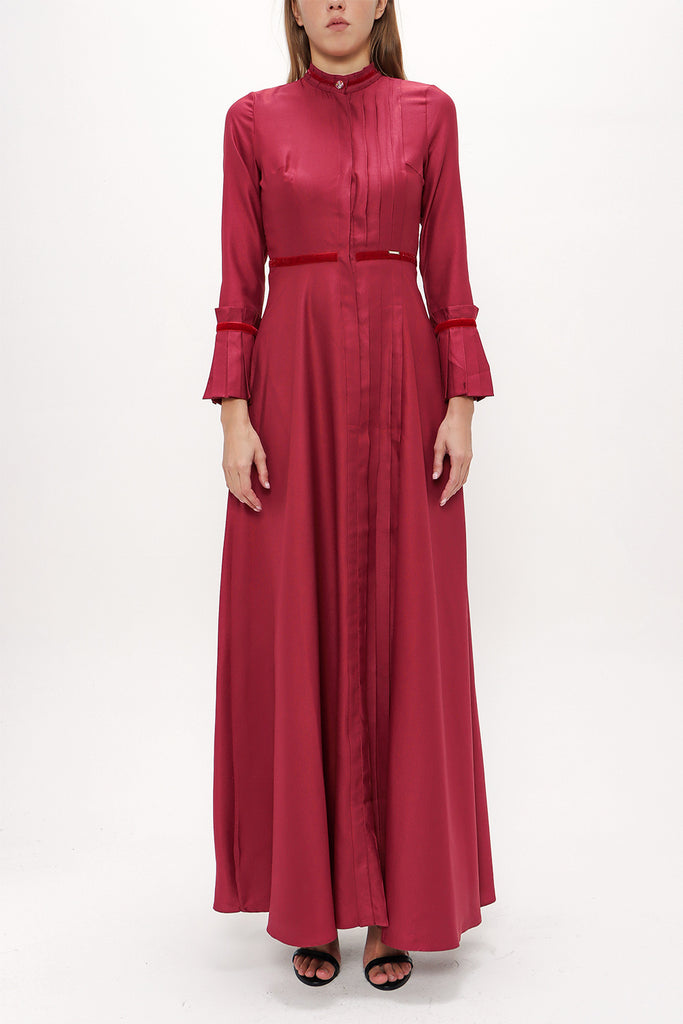 Red Pleat detail fitted waist maxi dress 92196