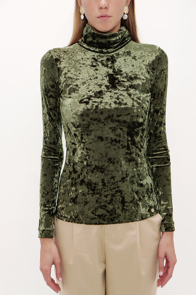 Green Turtleneck velvet blouse 19647