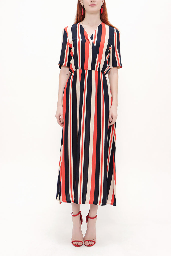 Red Wrap-over belted midi dress 92790