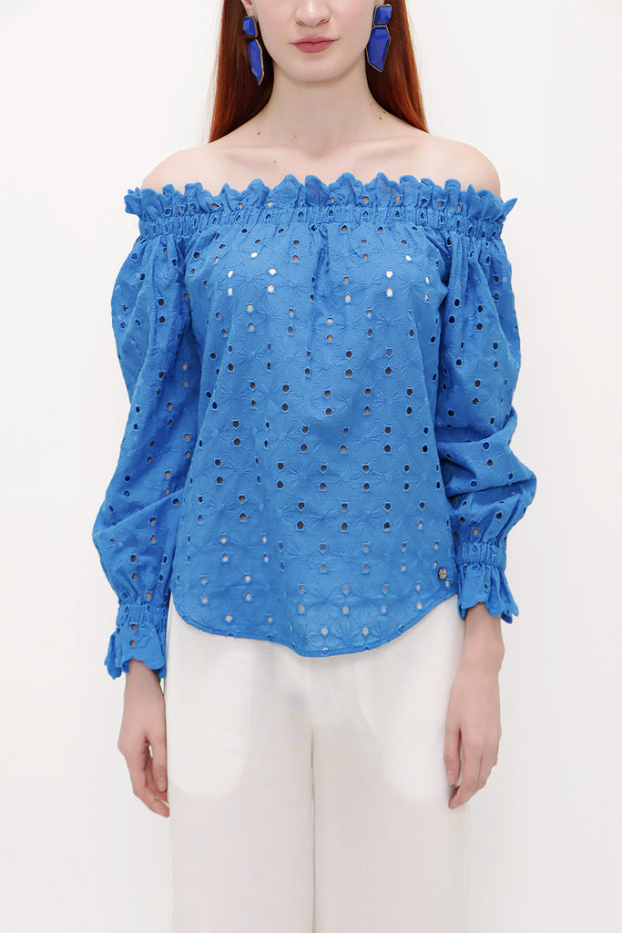 Blue Off shoulder  brode  blouse  19745