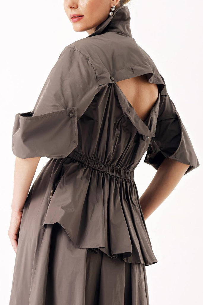 Gri Açılabilir sırt detaylı beli lastikli uzun gömlek elbise 94392