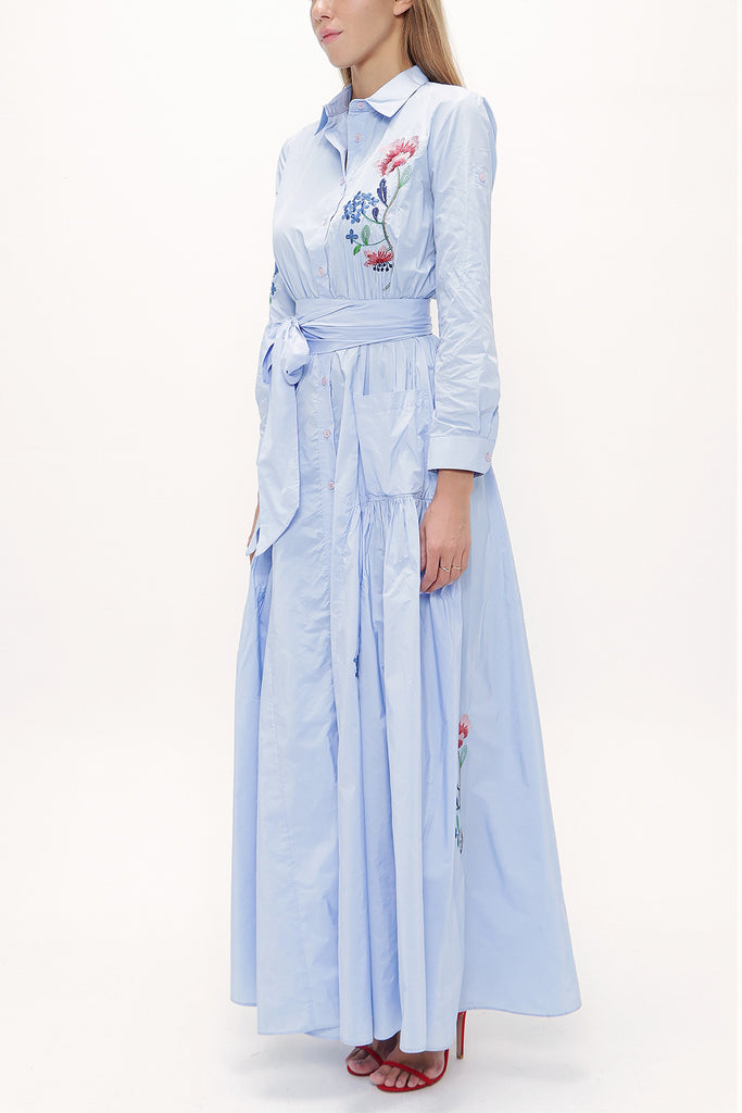 Light Blue Embroidered, lace-up Pleated maxi dress 92917
