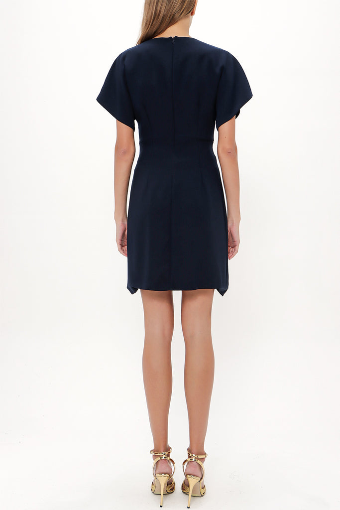 Navy Blue V-neck Pleated skirt mini dress 91417