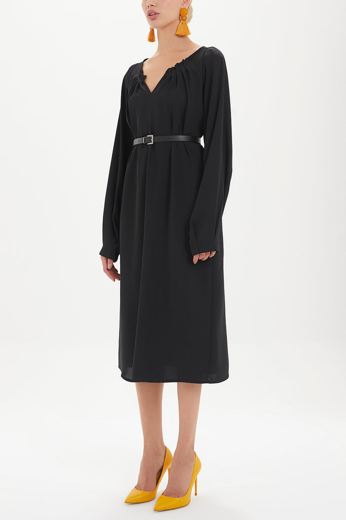 Kadın Büzgülü Ve Kemerli Bol Kesim Elbise Siyah 92488 M18191092488101