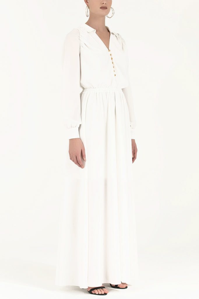 Omuzları Büzgülü Düğmeli Uzun Elbise Beyaz 92251
