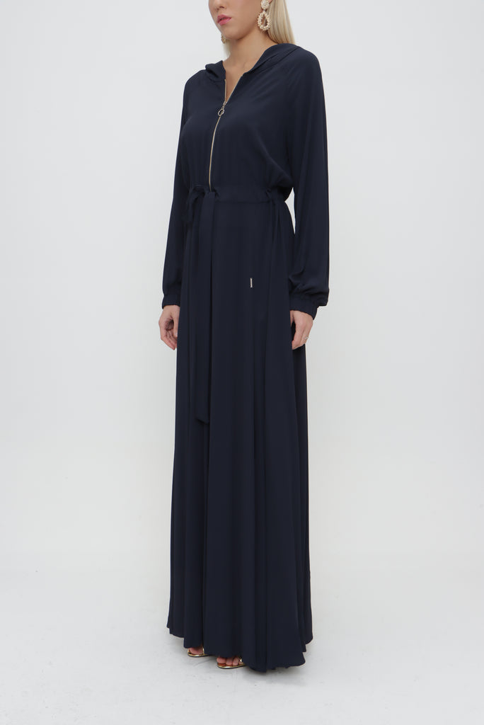 Navy Blue Zipped hooded maxi  dress 93741