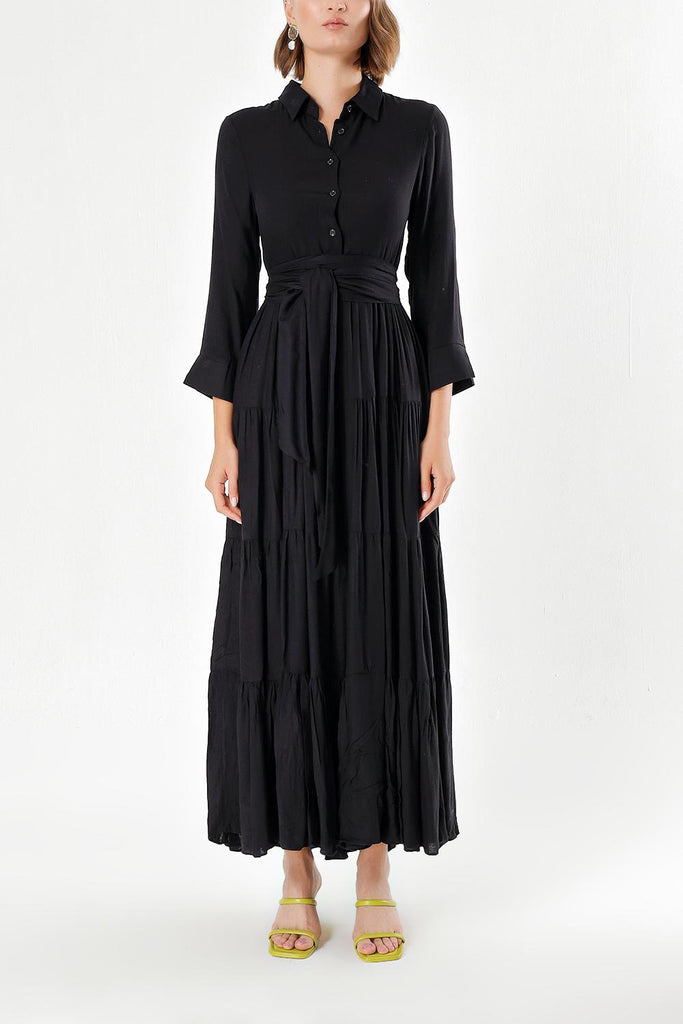 Siyah Bol kesim büzgülü gömlek elbise 93495