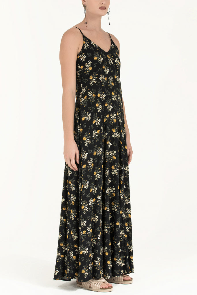 Askılı Desenli Uzun Elbise Sarı