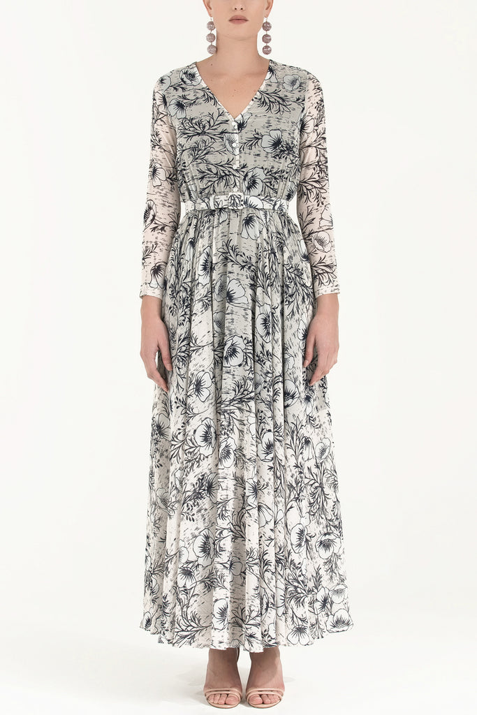 V Yaka Kemerli Şifon Elbise Desenli