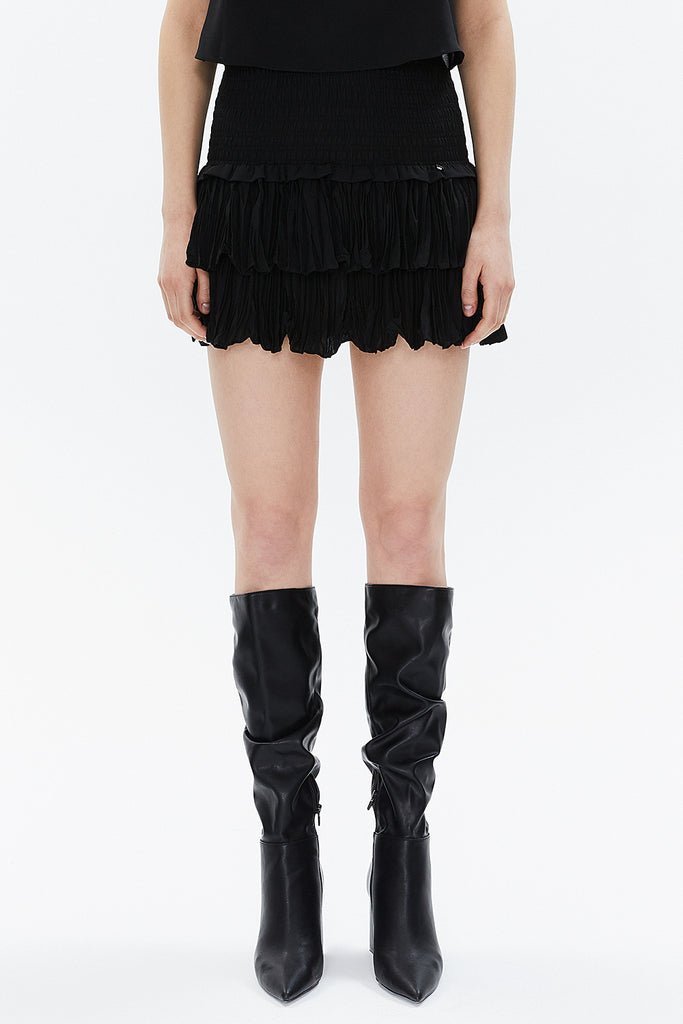 Black Elastic waist detail ruffled  mini skirt  81156